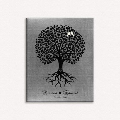 16x20 Custom Canvas Personalized, A Handmade Gift with Beautiful Image of Black Tree with White Birds & Heart with Initials On The Trunk, 1063