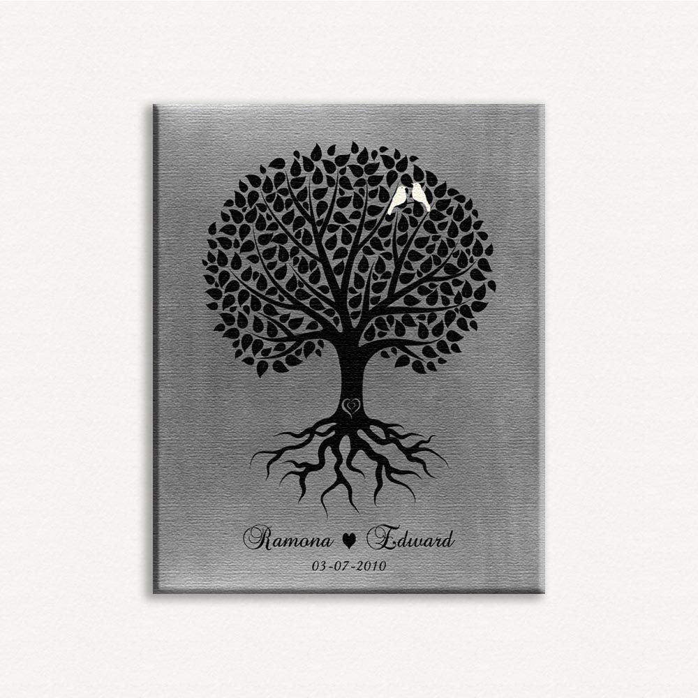 16x20 Custom Canvas Personalized, A Handmade Gift with Beautiful Image of Black Tree with White Birds & Heart with Initials On The Trunk, 1063