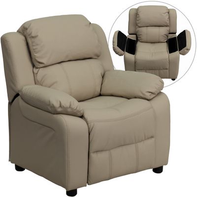 EMMA + OLIVER Deluxe Padded Beige Vinyl Kids Recliner with Storage Arms