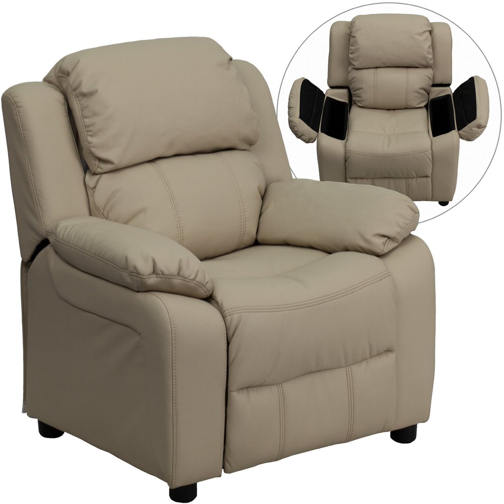 EMMA + OLIVER Deluxe Padded Beige Vinyl Kids Recliner with Storage Arms