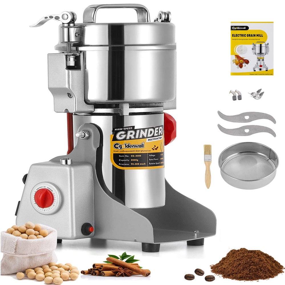CGOLDENWALL 300g Electric Grain Grinder Mill Safety Upgraded 1500W High-speed Spice Herb Grinder Commercial Superfine Grinding Machine Dry Cereals Pulverizer CE 110V (300g Swing Type)