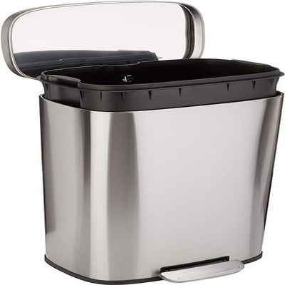 Amazon Basics Smudge Resistant Rectangular Trash Can With Soft-Close Foot Pedal, Brushed Stainless Steel, 30L/7.9 Gal, 13.8x11.8x25 in, Satin Nickel Finish
