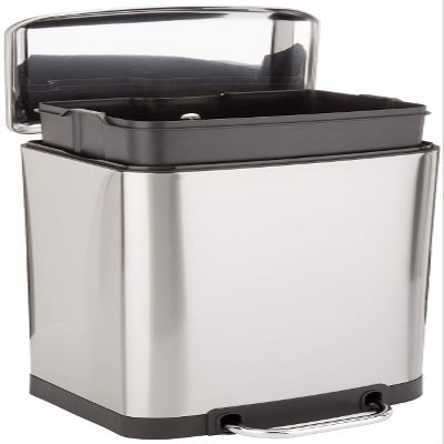 Amazon Basics Rectangular Small Trash Can with Soft-Close Step Pedal, Removable Inner Bucket, Hands-Free, Space-Saving, Smudge Resistant, 20l / 5.3 gallon, Nickel