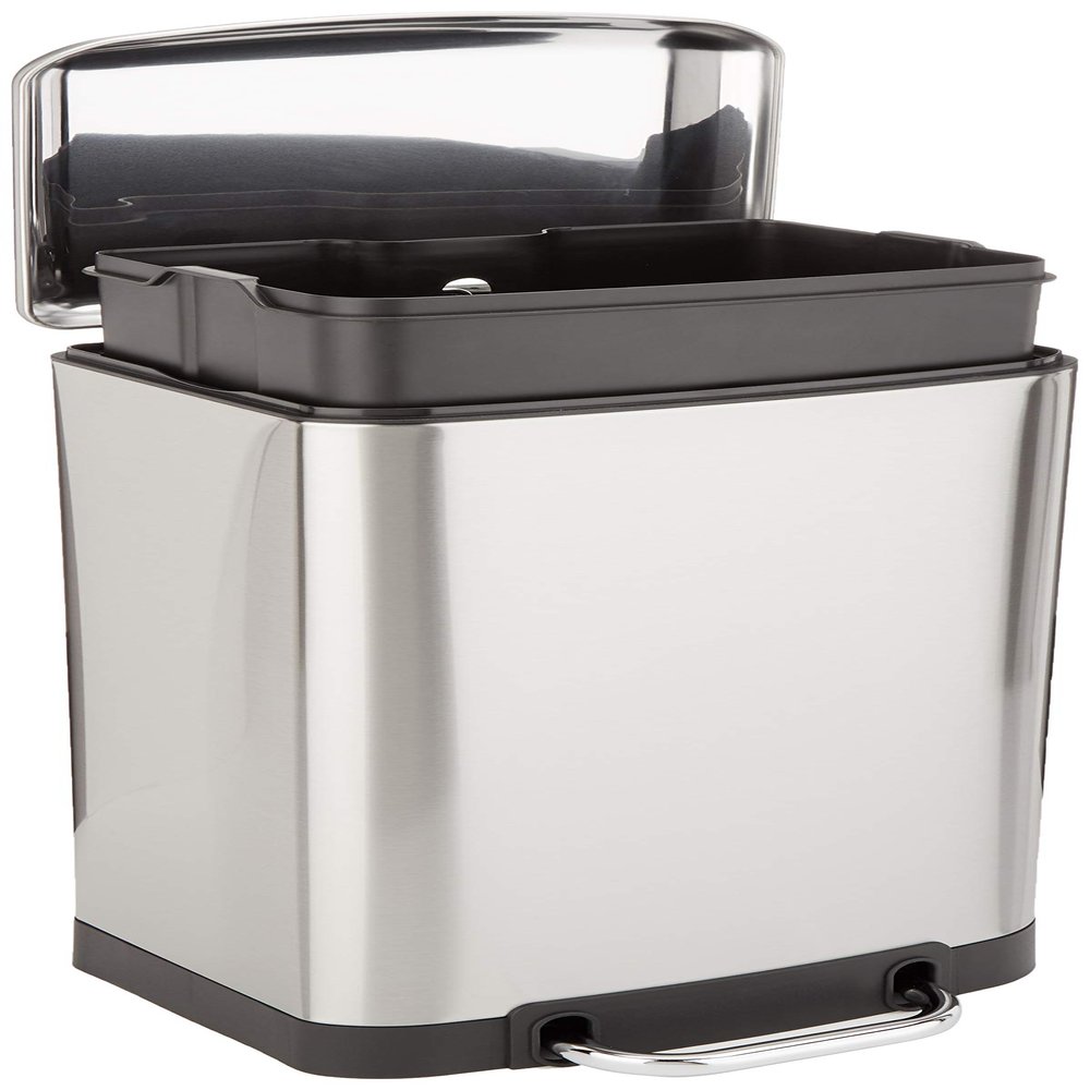 Amazon Basics Rectangular Small Trash Can with Soft-Close Step Pedal, Removable Inner Bucket, Hands-Free, Space-Saving, Smudge Resistant, 20l / 5.3 gallon, Nickel