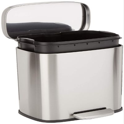 Amazon Basics Smudge Resistant Small Rectangular Step Pedal Trash Can with Soft-Close Lid, Removable Inner Bucket, Brushed Stainless Steel, 12 Liter/3.1 Gallon, Satin Nickel Finish