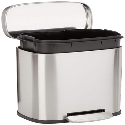 Amazon Basics Smudge Resistant Mini Rectangular Trash Can with Soft-Close Lid, Foot Pedal, Removable Inner Bucket, 5L/1.32 Gal, Brushed Stainless Steel, for Bathroom & Small Space, Satin Nickel Finish