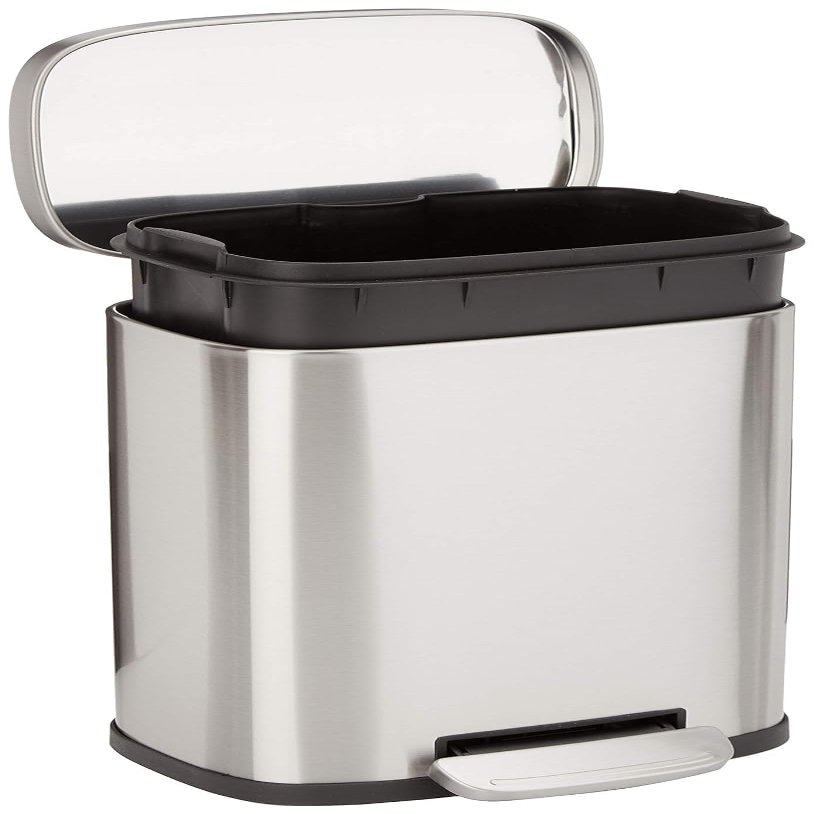 Amazon Basics Smudge Resistant Mini Rectangular Trash Can with Soft-Close Lid, Foot Pedal, Removable Inner Bucket, 5L/1.32 Gal, Brushed Stainless Steel, for Bathroom & Small Space, Satin Nickel Finish