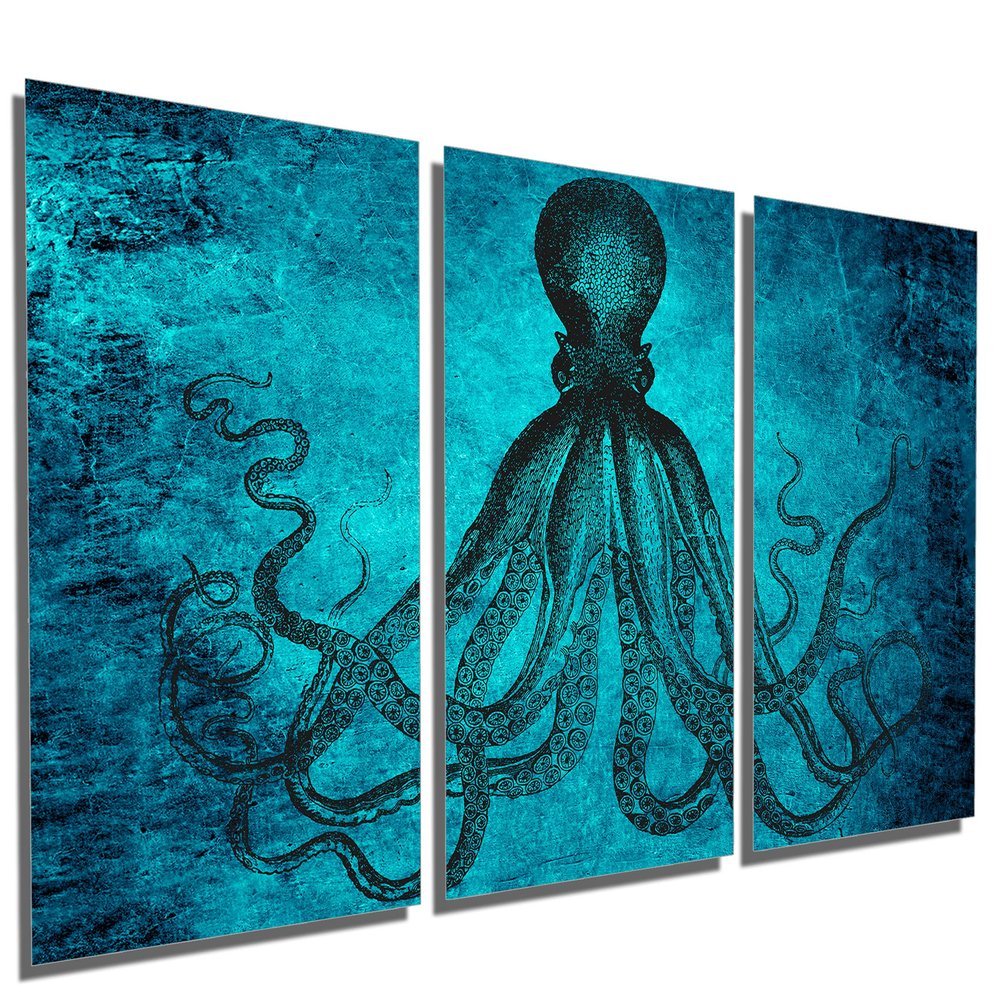 36 x 18 TOTAL - Lord Bodner Octopus Triptych Metal Print Wall Art. Munsell Blue. 3 Panel Split. Kraken, HD aluminum