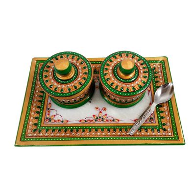 India Meets India Marble Meenakari 2 Supari Daan, Tray and Spoon Set Handicraft by Awarded Indian Artisan