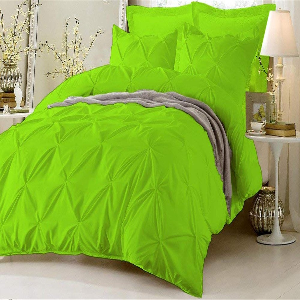 Soft Luxurious 3-Piece Pinch Pleated Pintuck Decorative Quilt Duvet Cover Set with Corner Ties 100% Cotton 400 Thread Count Comforter Cover (Twin/Twin XL, Parrot Green)