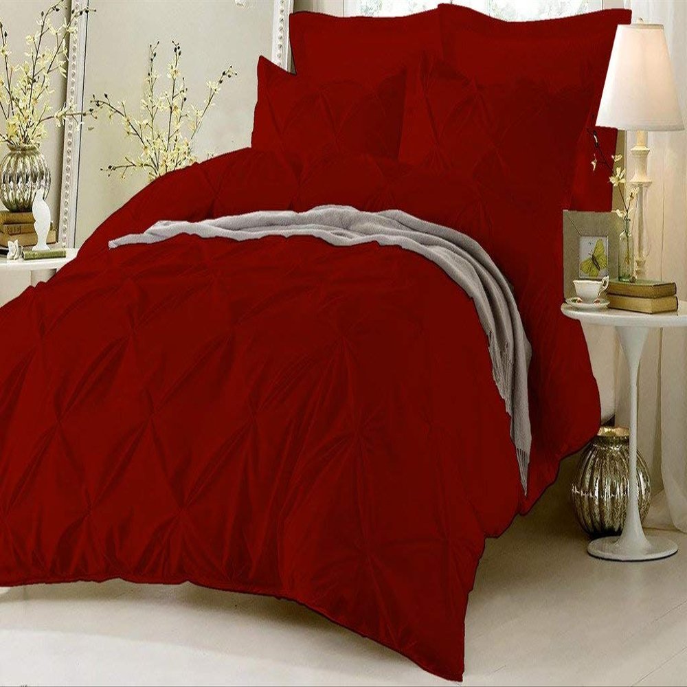 Soft Luxurious 1-Piece Pinch Pleated Pintuck Decorative Quilt Duvet Cover with Corner Ties 100% Cotton 400 Thread Count Comforter Cover (Full/Queen, Burgundy)