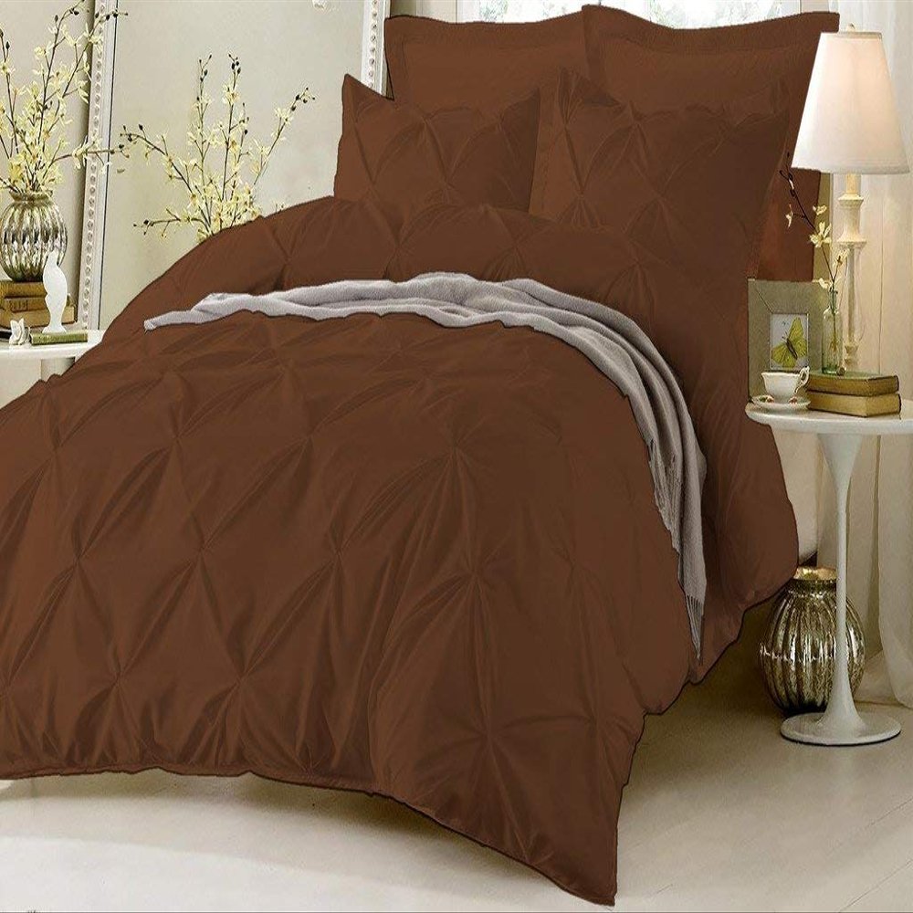 Soft Luxurious 3-Piece Pinch Pleated Pintuck Decorative Quilt Duvet Cover Set with Corner Ties 100% Cotton 400 Thread Count Comforter Cover (Twin/Twin XL, Chocolate)