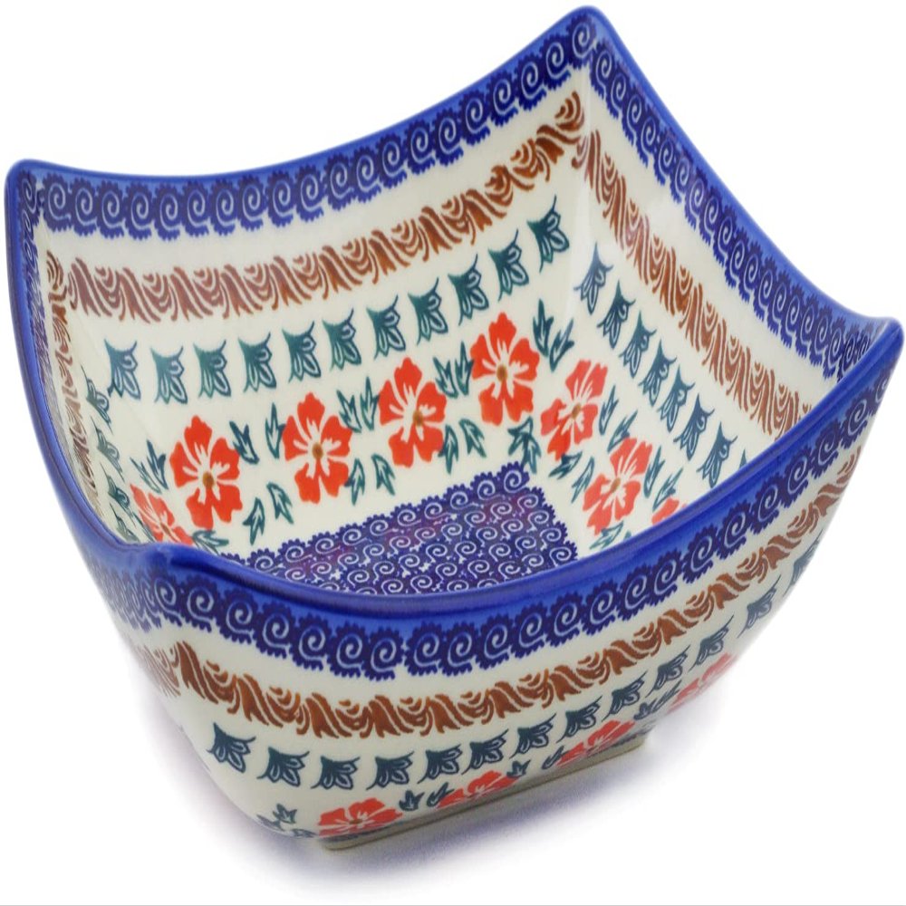 Polmedia Polish Pottery Square Bowl 8-inch - Red Cornflower Pattern Handmade in Boleslawiec Poland by Ceramika Bona + Certificate of Authenticity