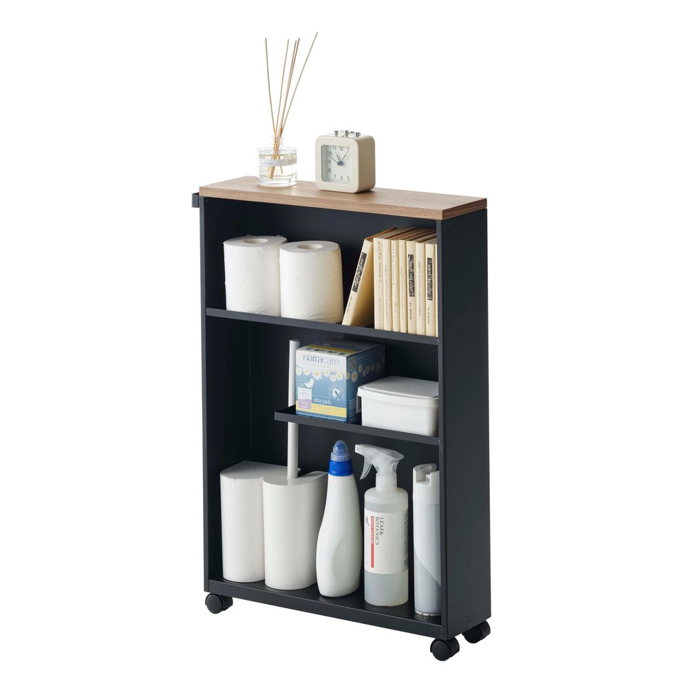 YAMAZAKI Home Slim Rolling Storage Cart  Narrow Bathroom Storage Cabinet with Handle, Slim Bathroom Storage Cart with Wheels, Easy Assembly, Steel + Wood, Black, 27" - Steel -