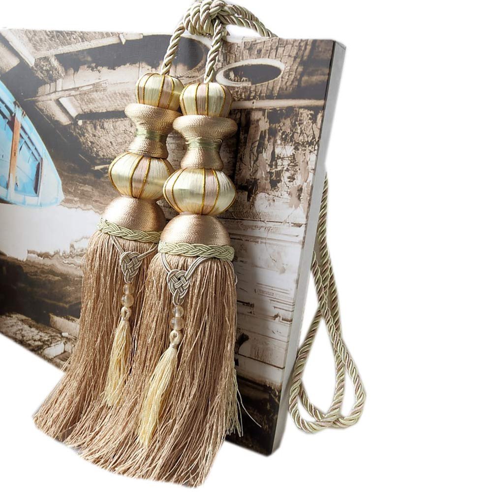 One Pair Double Ball Hanging Curtain Tiebacks Rope Tassels Curtain Tiebacks for Livingroom & Bedroom (Light Coffee)