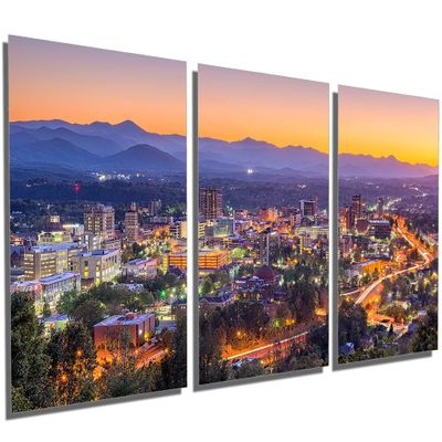 48 x 24 TOTAL - Asheville, North Carolina Skyline Metal Print wall art. 3 Panel split, Triptych. HD aluminum panels