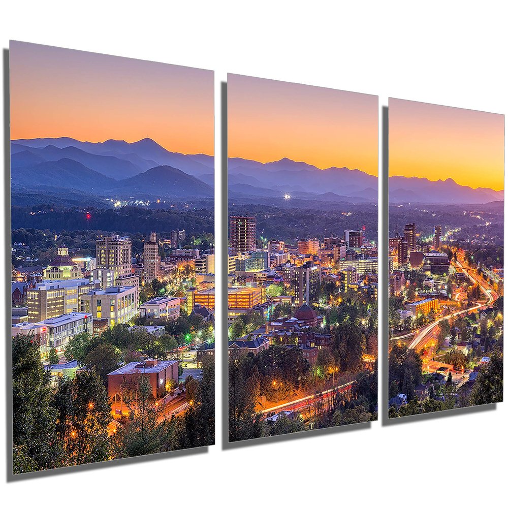 48 x 24 TOTAL - Asheville, North Carolina Skyline Metal Print wall art. 3 Panel split, Triptych. HD aluminum panels