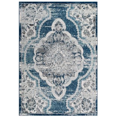 Modern Contemporary Living Lounge Area Rug Floor, Distressed Vintage, Fabric, Blue Ivory White