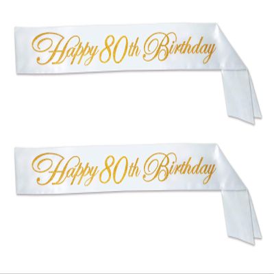 Glittered Happy 80th Birthday Satin Sash 2 Piece Costume Accessory