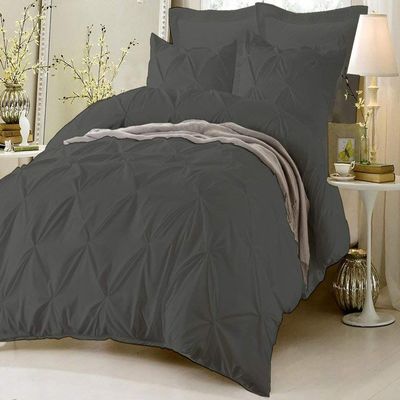 Soft Luxurious 1-Piece Pinch Pleated Pintuck Decorative Quilt Duvet Cover with Corner Ties 100% Cotton 400 Thread Count Comforter Cover (Full/Queen, Dark Grey)
