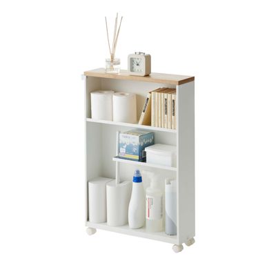 YAMAZAKI Home Slim Rolling Storage Cart  Narrow Bathroom Storage Cabinet with Handle, Slim Bathroom Storage Cart with Wheels, Easy Assembly, Steel + Wood, White, 27" - Steel -