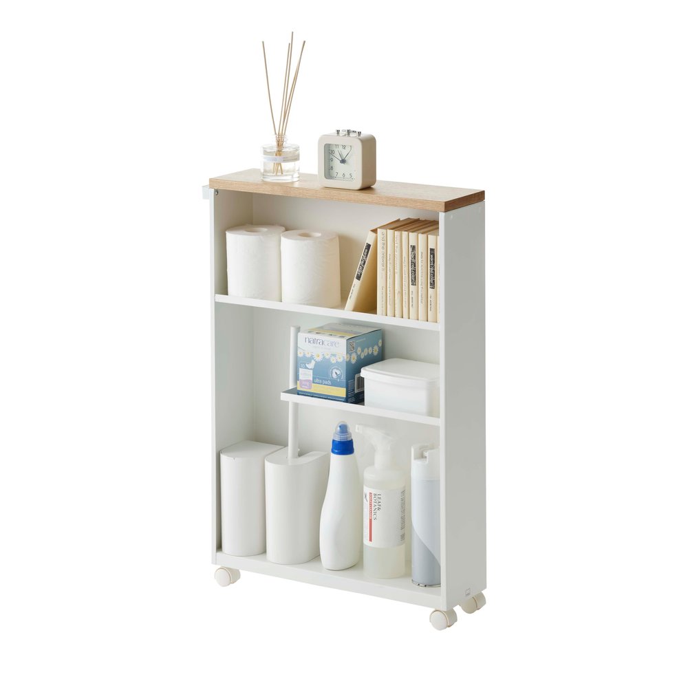 YAMAZAKI Home Slim Rolling Storage Cart  Narrow Bathroom Storage Cabinet with Handle, Slim Bathroom Storage Cart with Wheels, Easy Assembly, Steel + Wood, White, 27" - Steel -
