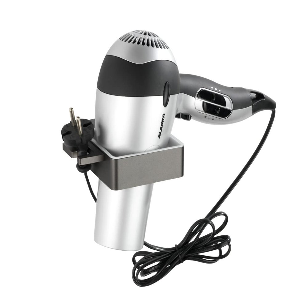WENKO Montella Hair Dryer Holder Wall Mount Screw-On Rustproof, Grey, 12 x 3 x 12 cm
