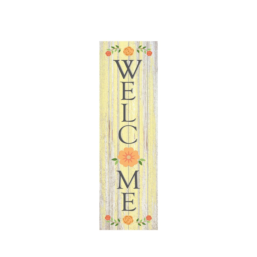 24 Inch Yellow Floral Welcome Vertical Wood Print Sign