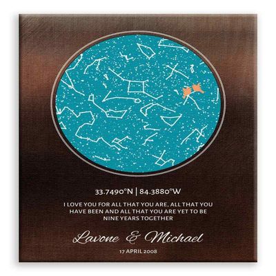 11x14 Mounted Canvas Art Print - 9 Year, Custom Star Map, Constellation Art, Bronze Anniversary, Coordinates, Night Sky - With Gift Wrapping LTC-C1745