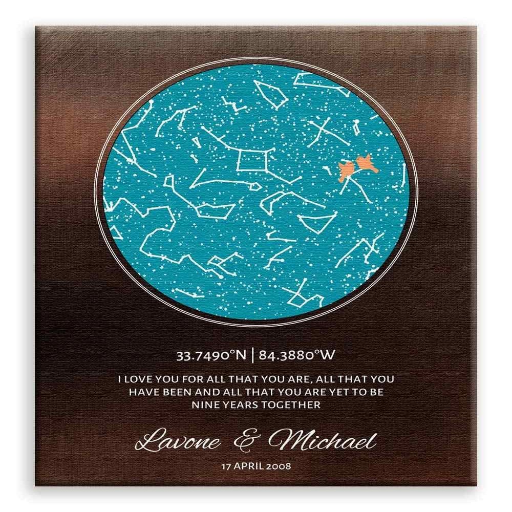 11x14 Mounted Canvas Art Print - 9 Year, Custom Star Map, Constellation Art, Bronze Anniversary, Coordinates, Night Sky - With Gift Wrapping LTC-C1745