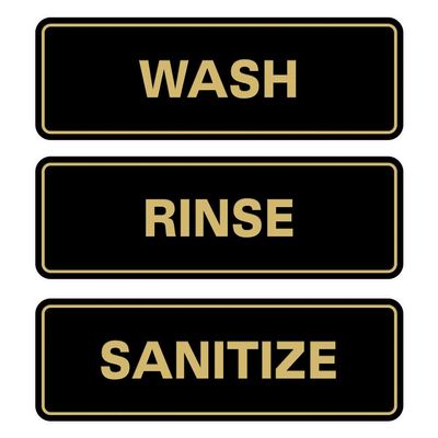 All Quality Standard WASH RINSE SANITIZE Set of 3 Bay Sink Signs - Restaurant & Commercial Kitchen Sink Signs - Easy to Install - Black/Gold (Large)