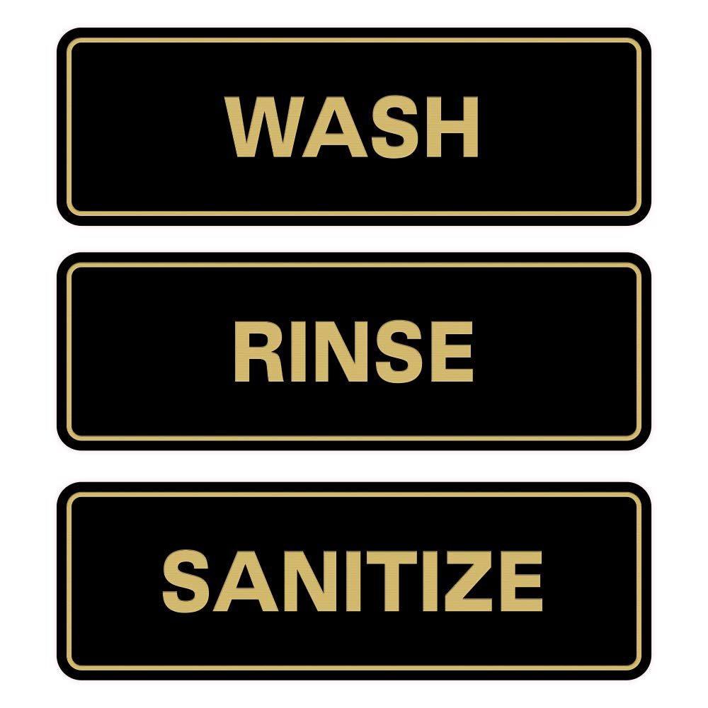 All Quality Standard WASH RINSE SANITIZE Set of 3 Bay Sink Signs - Restaurant & Commercial Kitchen Sink Signs - Easy to Install - Black/Gold (Large)