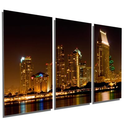 36 x 18 TOTAL - San Diego Night skyline Metal Print wall art 3 Panel split, Triptych HD aluminum multi panel print