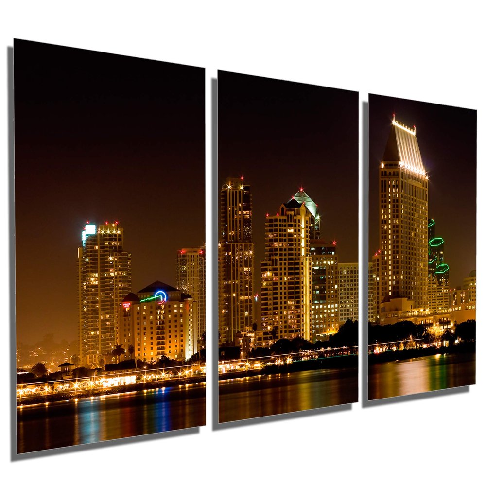 36 x 18 TOTAL - San Diego Night skyline Metal Print wall art 3 Panel split, Triptych HD aluminum multi panel print