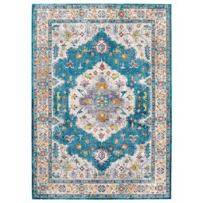 Modern Contemporary Living Lounge Area Rug Floor, Distressed Vintage Style, Fabric, Multi Blue