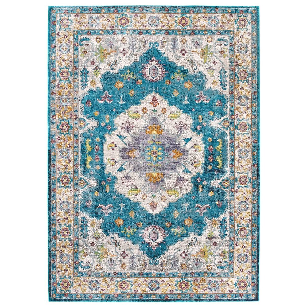 Modern Contemporary Living Lounge Area Rug Floor, Distressed Vintage Style, Fabric, Multi Blue