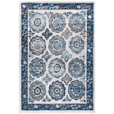 Modern Contemporary Living Lounge Area Rug Floor, Distressed Vintage, Fabric, Blue Ivory White