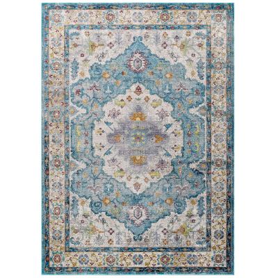 Modern Contemporary Living Lounge Area Rug Floor, Distressed Vintage Style, Fabric, Multi Blue