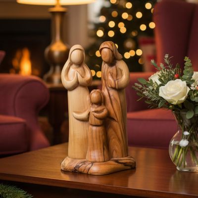 Bethlehem Handicrafts Abstract Hand Carved Jesus, Mary and Joseph Olive Wood Sculpture