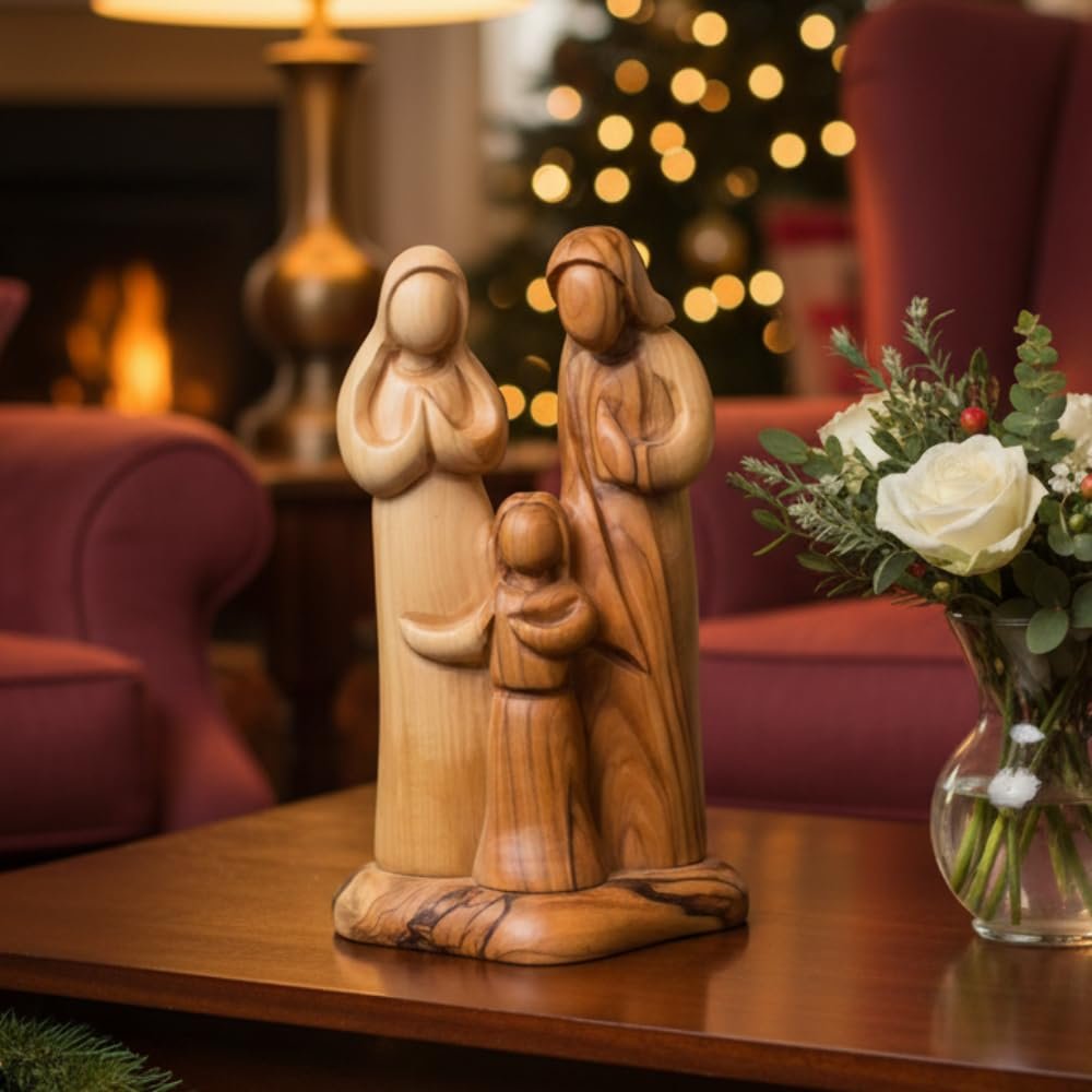 Bethlehem Handicrafts Abstract Hand Carved Jesus, Mary and Joseph Olive Wood Sculpture