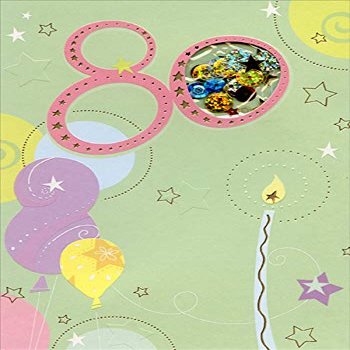 Designer Greetings Balloons and Single Tall Candle Sequin Filled Die Cut Window Age 80 / 80th Birthday Card