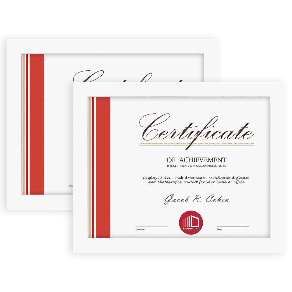 Frametory, 8.5x11 Picture Frame Real Glass - with Back Hangers for Wall Display, Easel Stand for Tabletop, for Certificates, Documents, Awards, Acknowledgements, Wide Molding (White, 2-Pack)