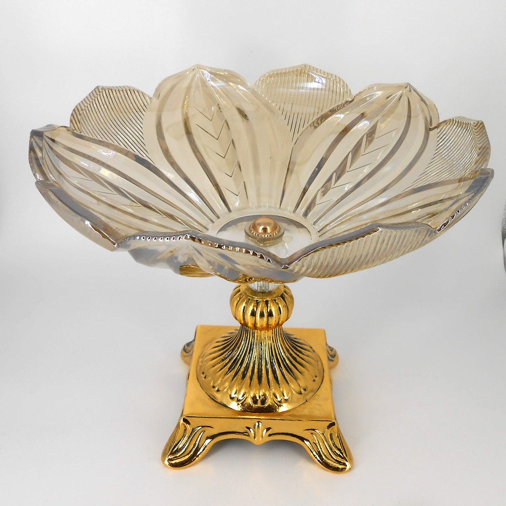 2070 Gold Pedestal Smoked Crystal vase/Decorative Fruit Bowl/Gift/Centerpiece