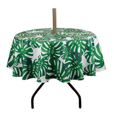 ColorBird Spring & Summer Palm Leaf Outdoor Tablecloth Waterproof Spillproof Polyester Table Cover with Zipper Umbrella Hole for Patio Garden Tabletop Decor, 60" Round, Zippered