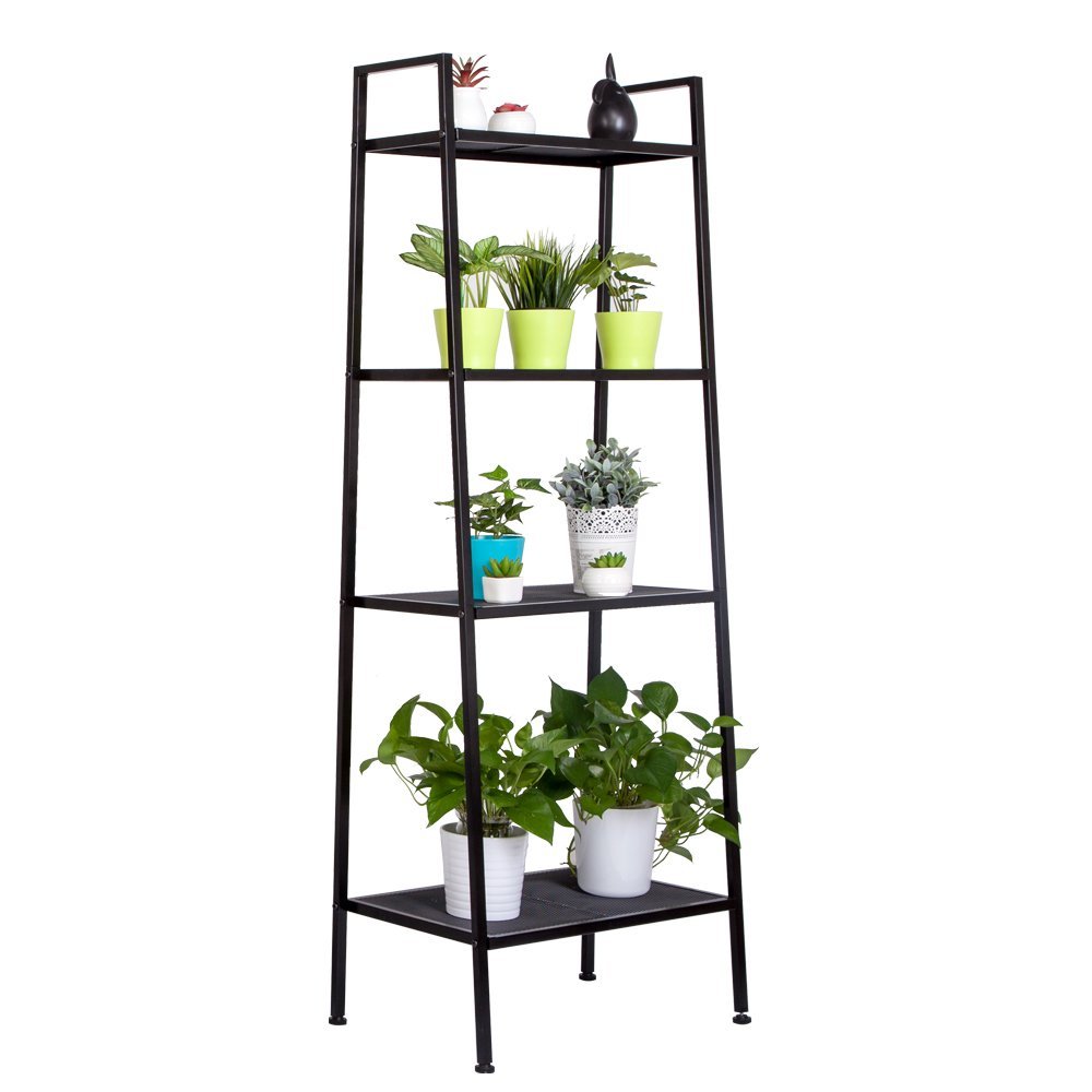 BINGKERS 4 Tiers Bookshelf Small 4 Tier Leaning Ladder Shelf Shelving Unit Bookcase Bookshelf Multi Use Display Storage Wall Shelves Unit Rack - Black