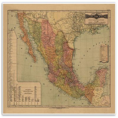 Antiguos Maps Estados Unidos Mexicanos from Atlas Mexicano circa 1884 | Art Print Poster Vintage Wall Decor | 24 x 36 inches (610 x 915 mm)