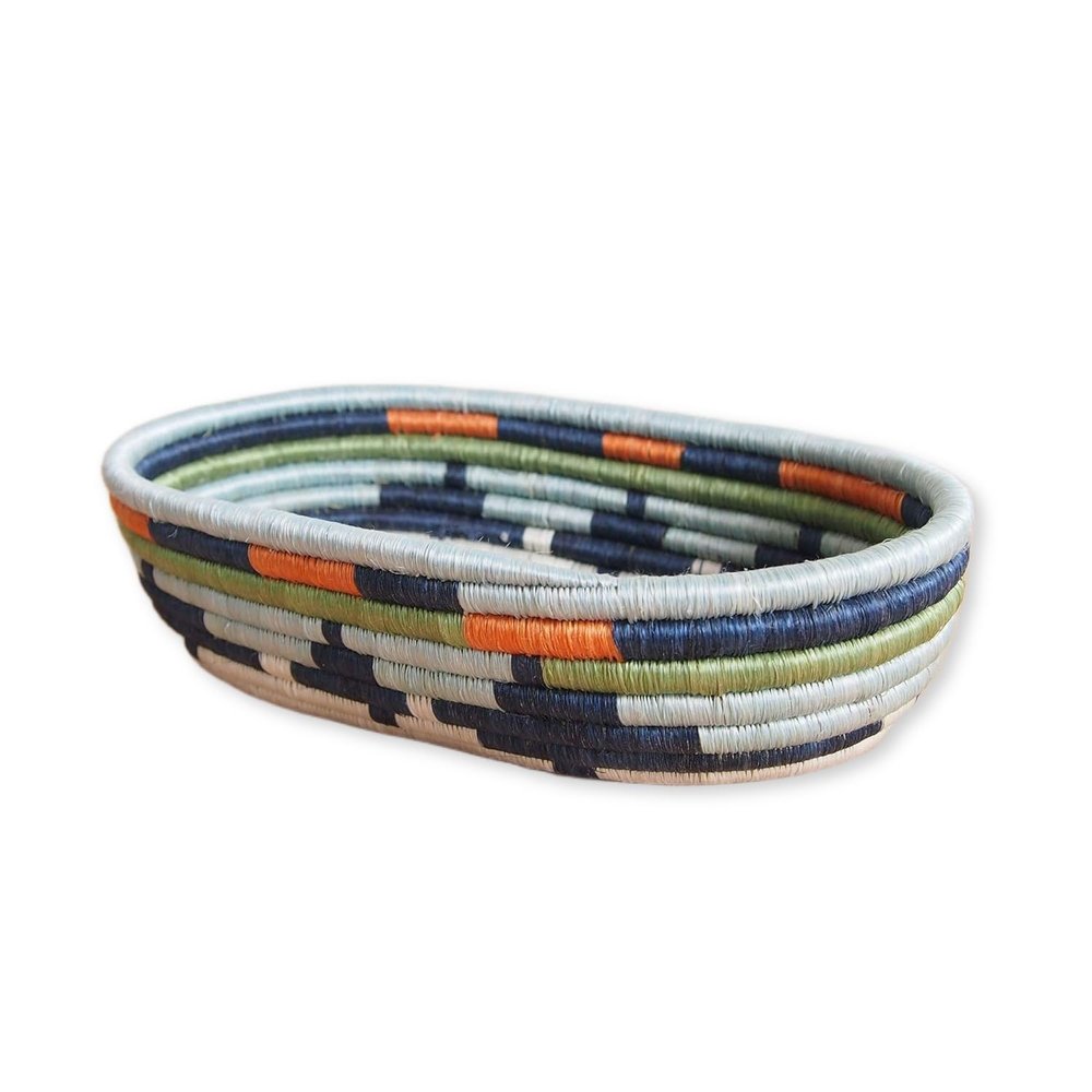 African Bread Basket- Mwangaza/Sisal and Sweetgrass/Woven Basket/Made in Rwanda/Blues, Orange, Green, Yellow, White