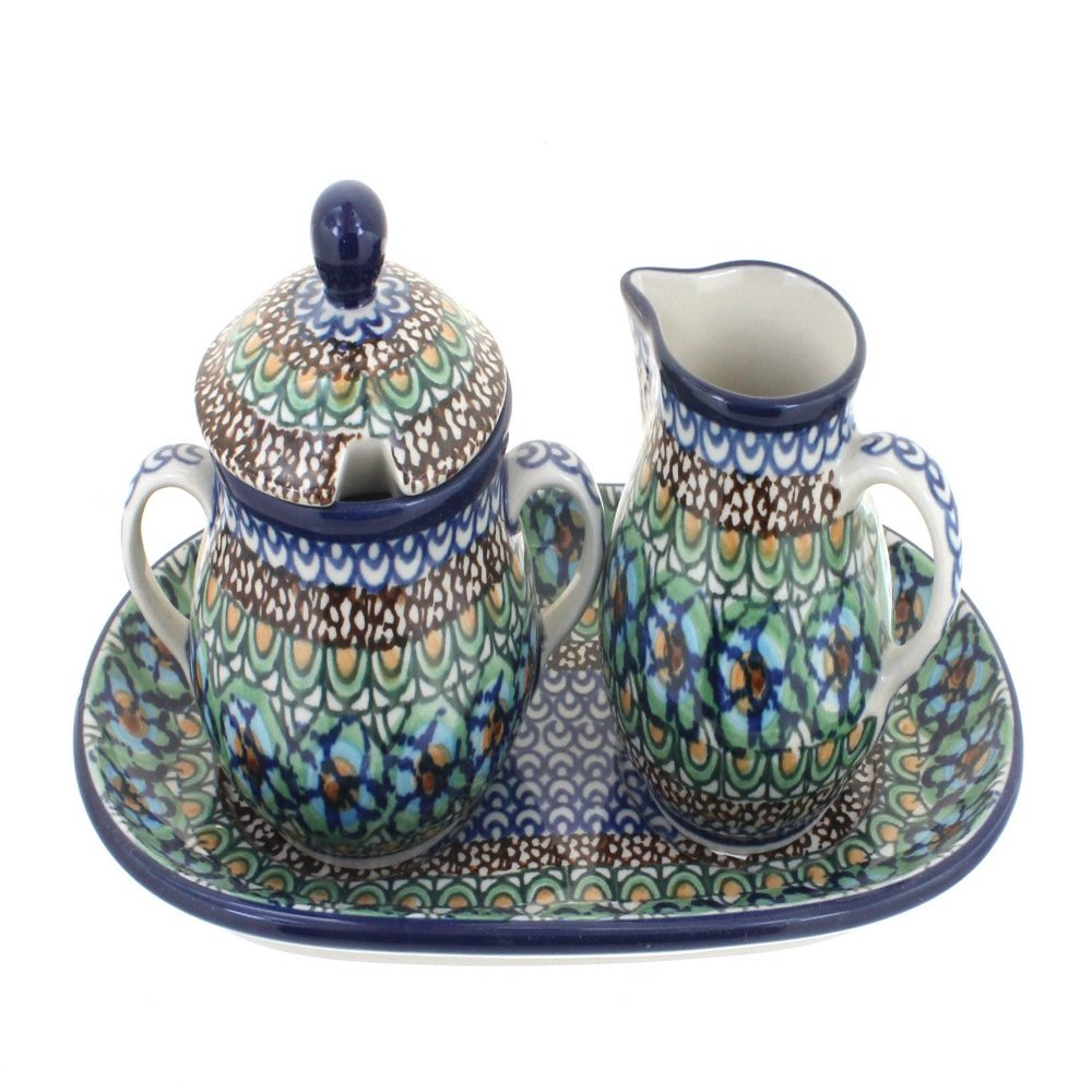 Blue Rose Polish Pottery Mardi Gras Small Cream & Sugar Set with Tray