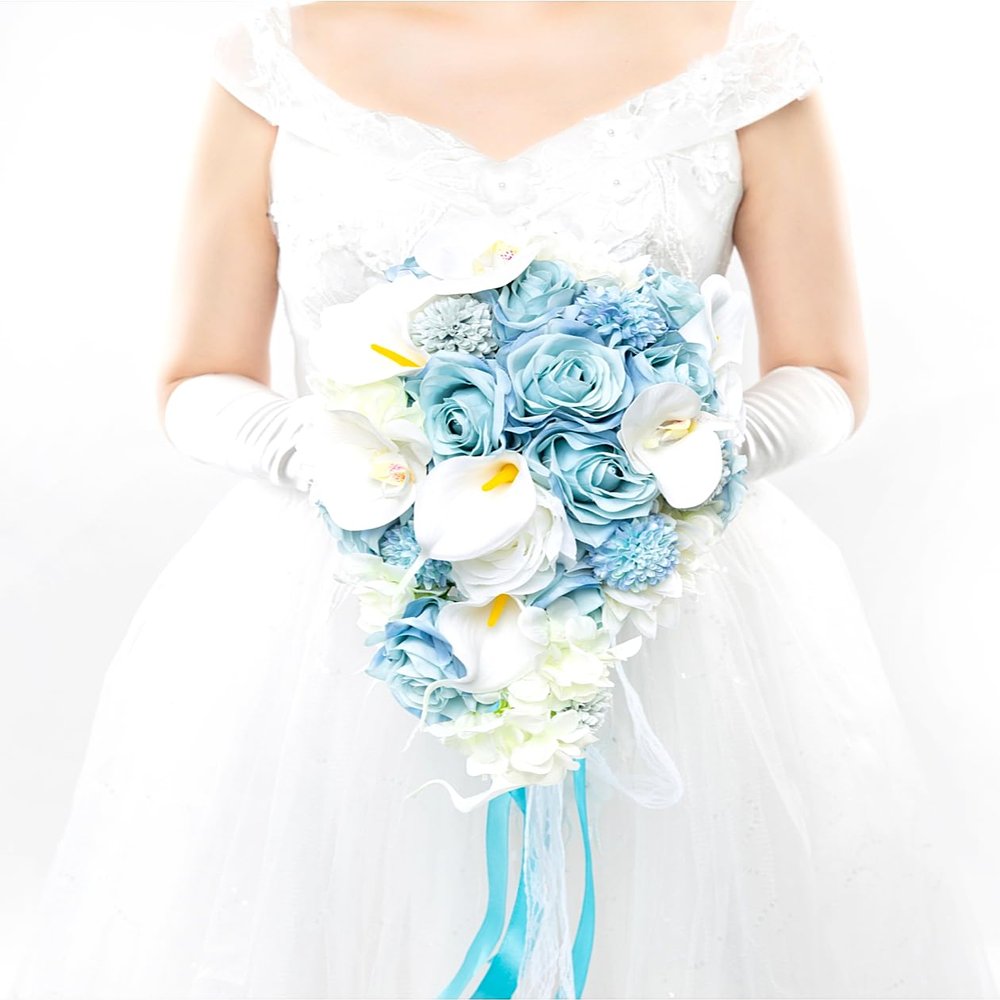 Abbie Home Dusty Blue Calla Lily White Dahlia Cascading Bridal Bouquets - Silk Flowers for Beach Wedding with Ribbon and Lace Dcor (A Cascading Bouquet)