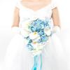 Abbie Home Dusty Blue Calla Lily White Dahlia Cascading Bridal Bouquets - Silk Flowers for Beach Wedding with Ribbon and Lace Dcor (A Cascading Bouquet) view 1